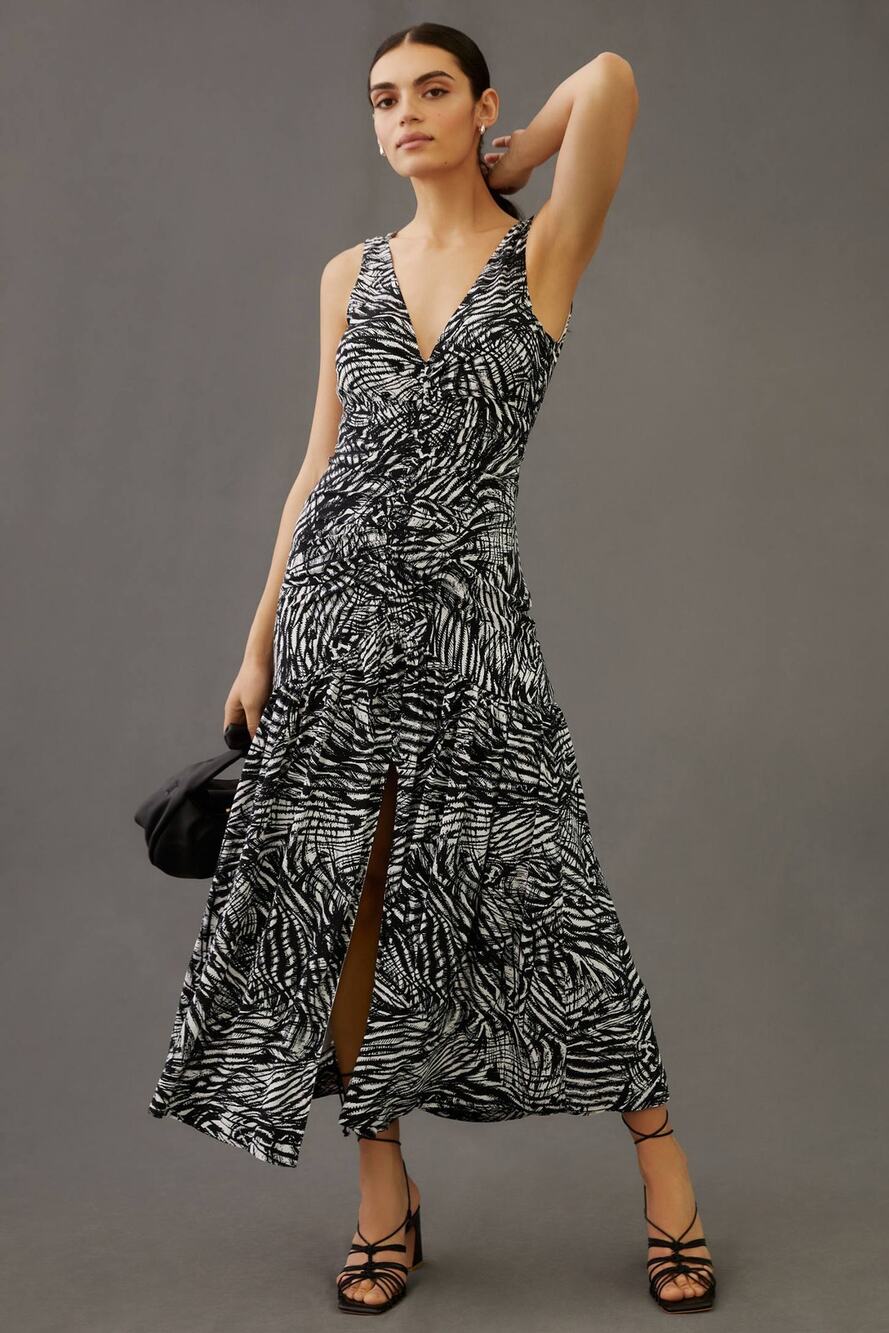 Anthropologie Abstract Print V-Neck Ruched Front Maxi Dress